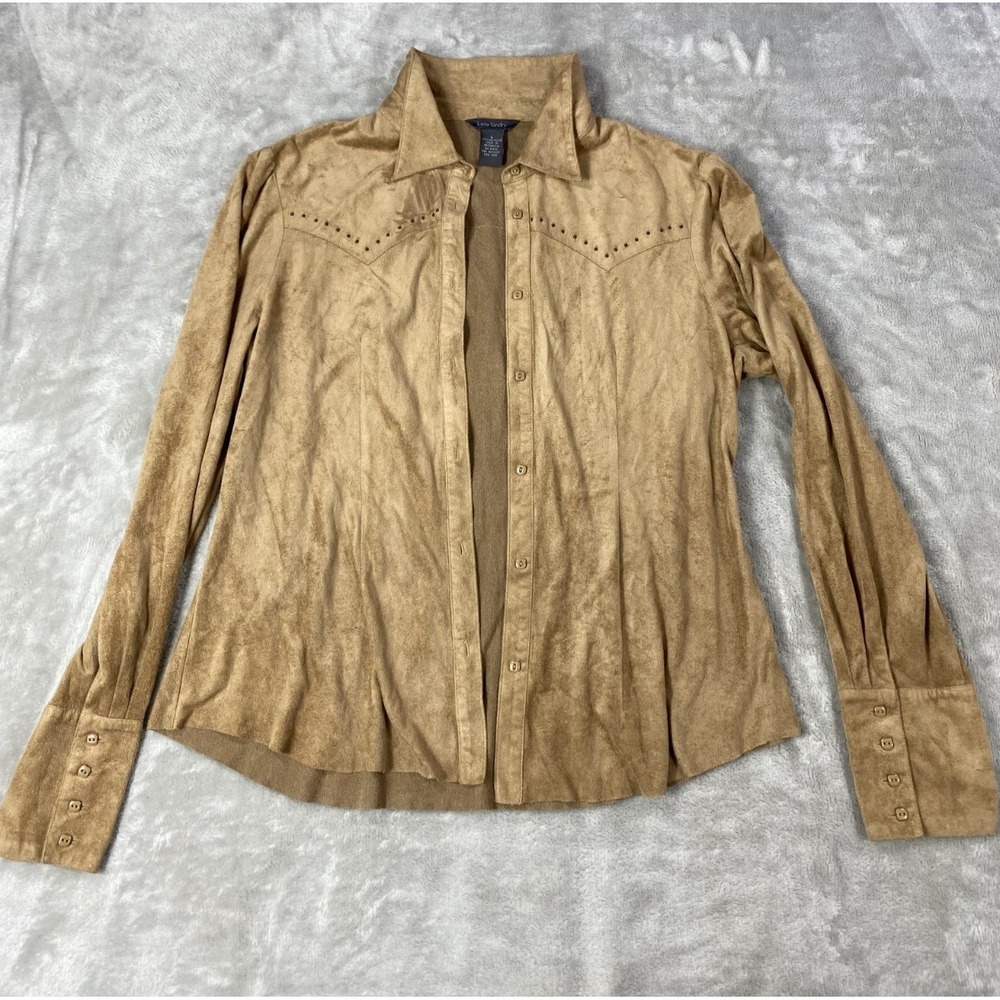 Kate Landry Western Shirt Womens Large Brown Suede Boho Farm Soft Farmer Sleeve‎